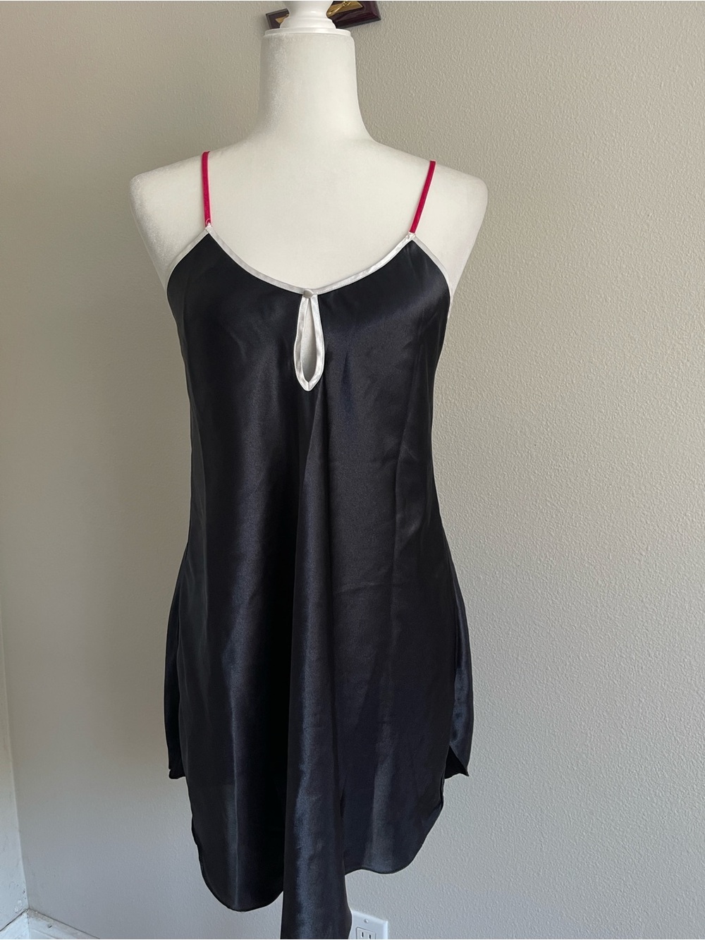 Vintage Victoria's Secret Black Satin Chemise with Pink Straps and White Trim